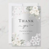 シルバーホワイトフローラ結婚レースサンキューカード 招待状 (正面)