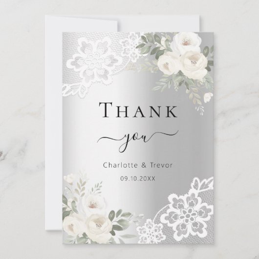 シルバーホワイトフローラ結婚レースサンキューカード 招待状 (正面)