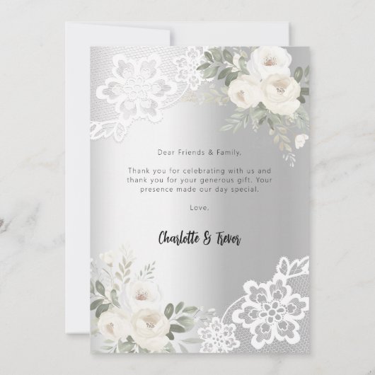 シルバーホワイトフローラ結婚レースサンキューカード 招待状 (裏面)