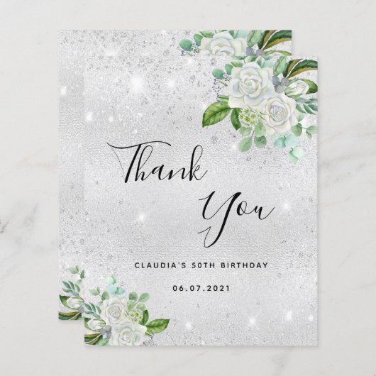 シルバーホワイトフローラ誕生日サンキューカード (正面/裏面)