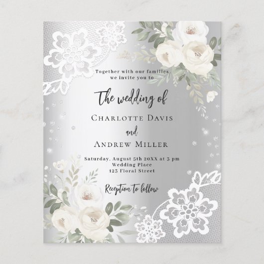 シルバーホワイトローズダイヤモンド結婚式招待状 (正面)