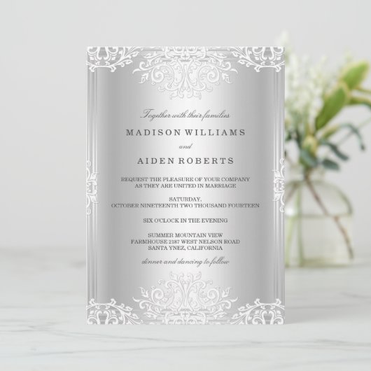 シルバーホワイトヴィンテージグラマー結婚式招待状 招待状 (スタンド正面)
