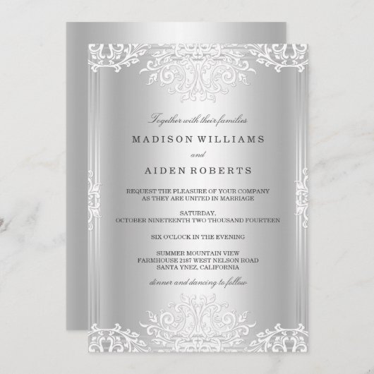 シルバーホワイトヴィンテージグラマー結婚式招待状 招待状 (正面/裏面)