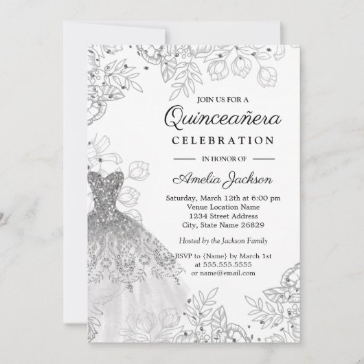 シルバーホワイトヴィンテージフローラドレスキンセアニェラ 招待状 (正面)