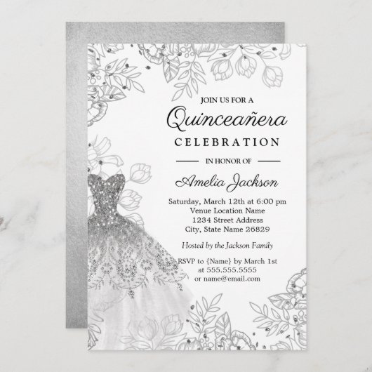 シルバーホワイトヴィンテージフローラドレスキンセアニェラ 招待状 (正面/裏面)