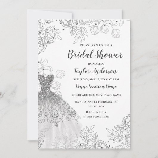 シルバーホワイトヴィンテージフローラドレスブライダルシャワー 招待状 (正面)