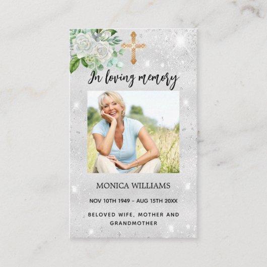 シルバーホワイト写真十字葬式祈りの言葉カード 名刺 (正面)