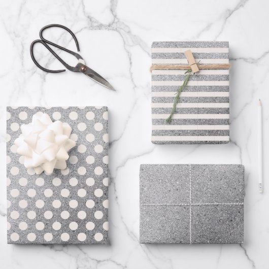 シルバーホワイト水玉模様ストライプズクリスマスホリデー ラッピングペーパーシート (正面)