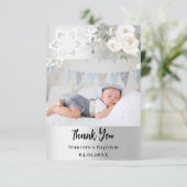 シルバーホワイト花模様がバプテスマ写真を交差 サンキューカード (スタンド正面)