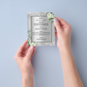 シルバーホワイト花模様の結婚予算メニュー チラシ (手)