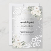 シルバーホワイト花模様ダイヤモンド誕生日 招待状 (正面)