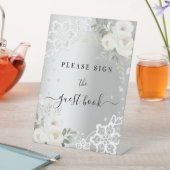 シルバーホワイト花模様レースゲストブックサイン 台座サイン (インサイチュ)