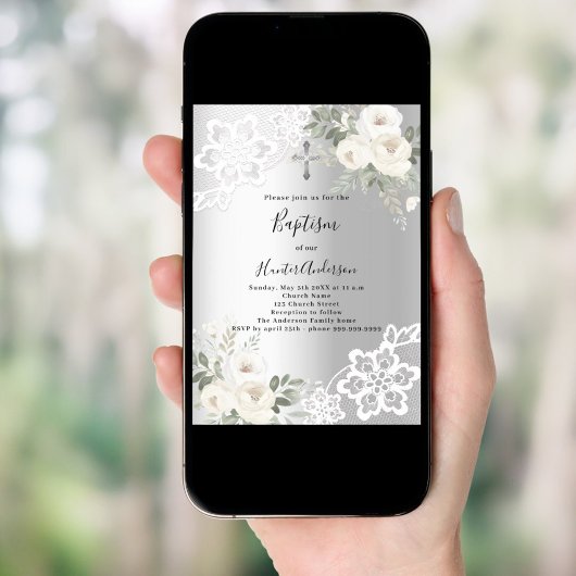 シルバーホワイト花模様レース洗礼 招待状