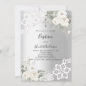シルバーホワイト花模様レース洗礼 招待状 (正面)