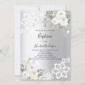 シルバーホワイト花模様レース洗礼 招待状 (正面)