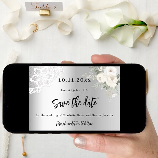 シルバーホワイト花模様レース結婚レース セーブザデート