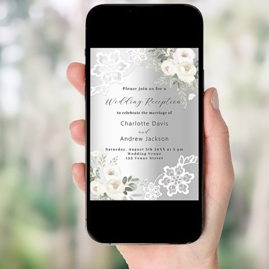 シルバーホワイト花模様レース結婚披露宴 招待状