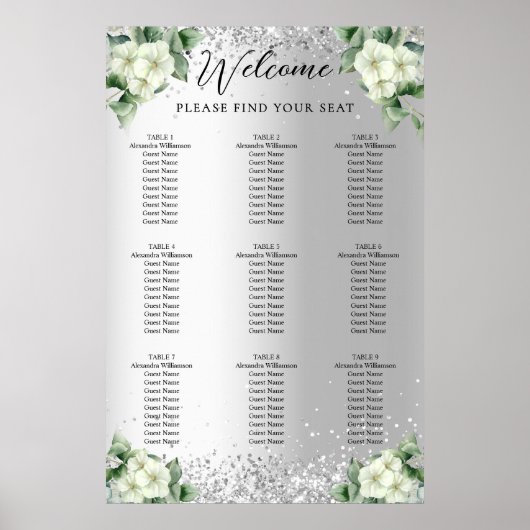シルバーホワイト花模様結婚の座席表 ポスター (正面)