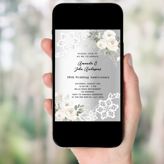 シルバーホワイト花模様結婚10周年 招待状