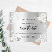 シルバーホワイト花模様誕生日Save the Date card
