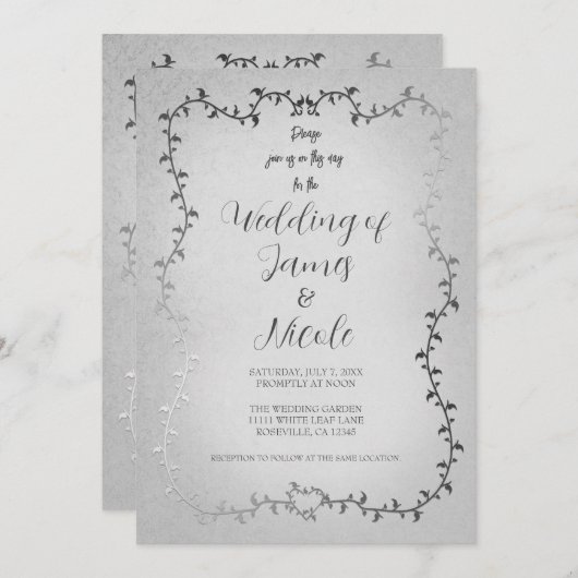 シルバーホワイト葉ボタニカル結婚ストーリーブック 招待状 (正面/裏面)