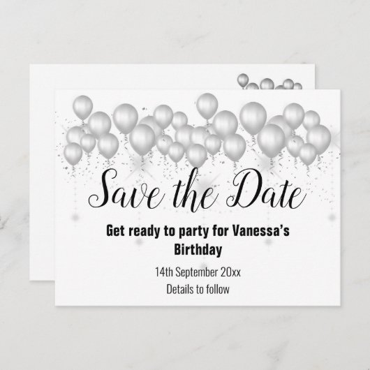 シルバーホワイト黒のバルーンの日付を保存 案内ポストカード (正面/裏面)