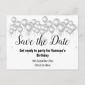 シルバーホワイト黒のバルーンの日付を保存 案内ポストカード (正面)