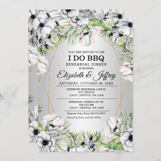シルバーホワイトAnemone I do BBQリハーサルDinner Inv 招待状 (正面/裏面)