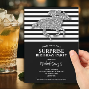 シルバーホース白黒ストライプ誕生日 招待状