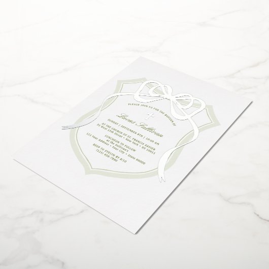 シルバーボウセージ緑のクレストバプテスマ 箔招待状 (回転した状態)