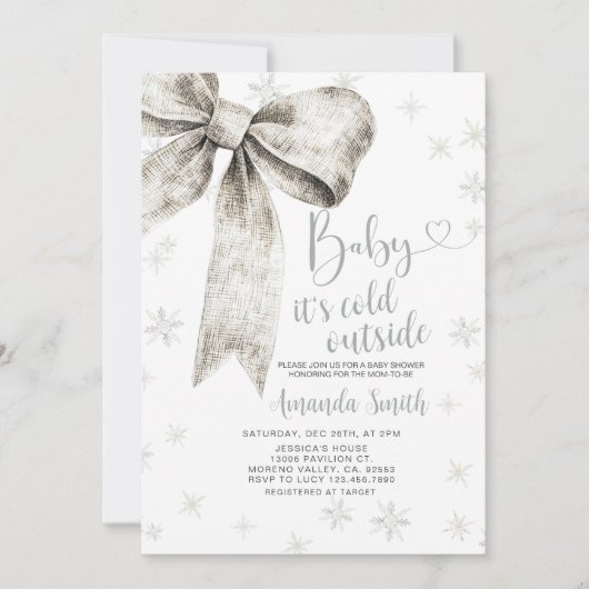 シルバーボウベビーベビーシャワー外は寒い 招待状 (正面)