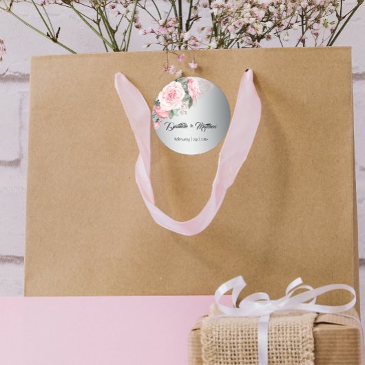 シルバーボタニカルのピンクのバラ結婚ス ラウンドシール