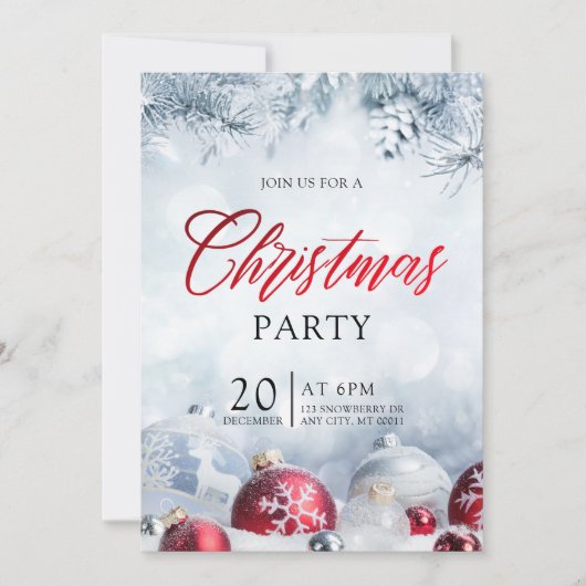 シルバーボーズスノーフレークスクリスマスホリデーパーティー 招待状 (正面)