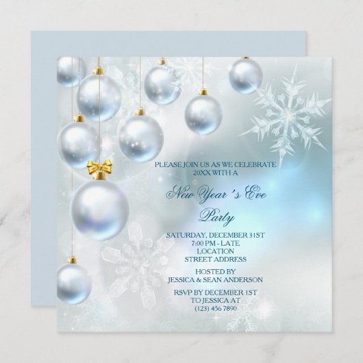 シルバーボーブルズ&スノーフレークズ大晦日パーティー 招待状 (正面/裏面)