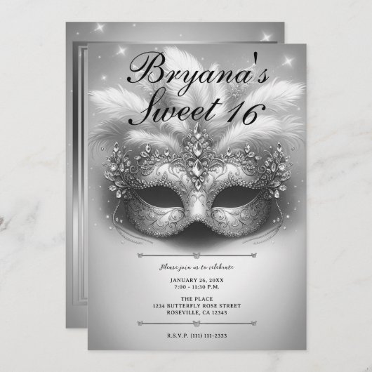 シルバーマスカレードスウィート16フォト誕生日 招待状 (正面/裏面)
