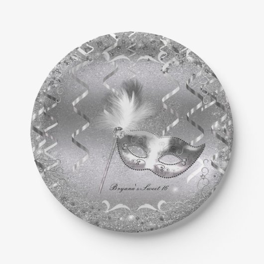シルバーマスカレードマスクエレガントボール誕生日パーティー ペーパープレート (正面)