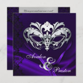 シルバーマスカレード紫色の宝石で飾ら結婚れた 招待状 (正面/裏面)