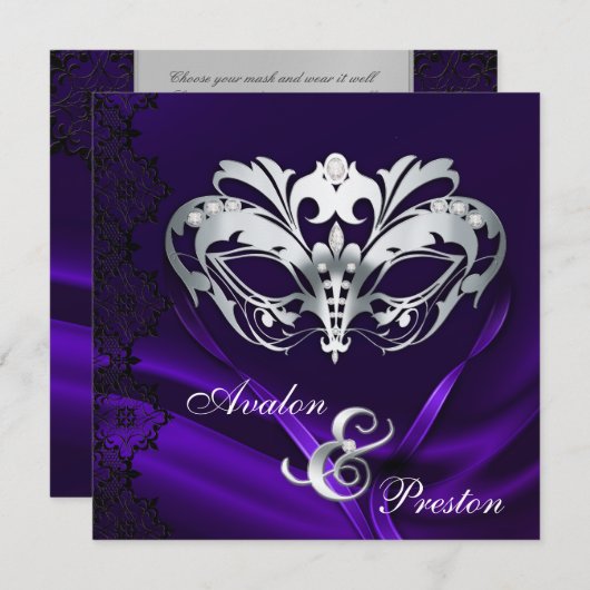 シルバーマスカレード紫色の宝石で飾ら結婚れた 招待状 (正面/裏面)