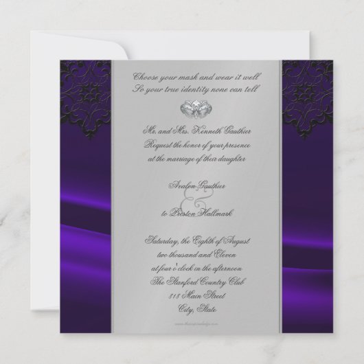 シルバーマスカレード紫色の宝石で飾ら結婚れた 招待状 (裏面)