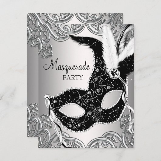 シルバーマスクとブラックマスクマスクの仮装パーティー 招待状 (正面/裏面)