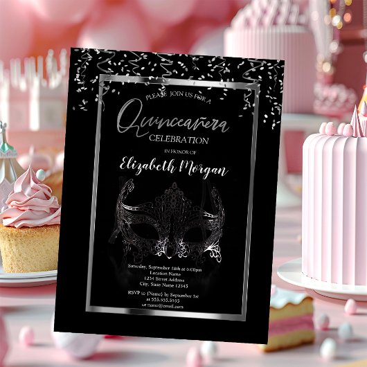 シルバーマスク,フレーム,コンフェティ Quinceañera 招待状