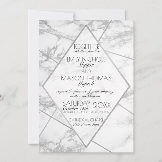 シルバーマーブルアールデコ幾何学的石板結婚ズ 招待状 (正面)