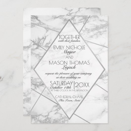 シルバーマーブルアールデコ幾何学的石板結婚ズ 招待状 (正面/裏面)