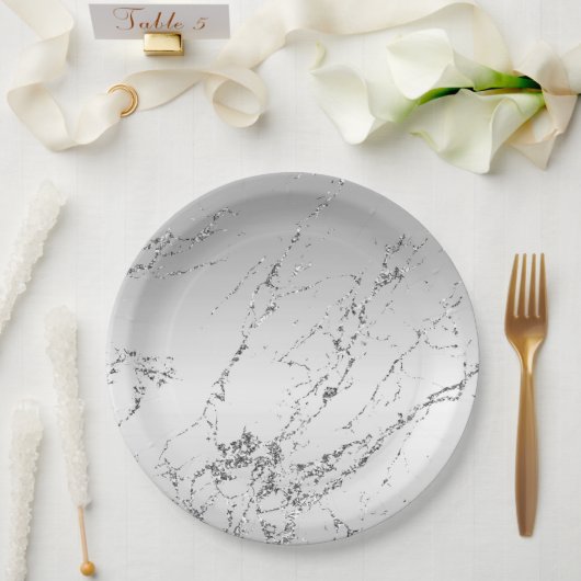シルバーマーブルグラムグリッター ペーパープレート (ウェディング)