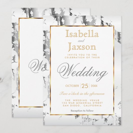 シルバーマーブル、ゴールドアンドホワイト 招待状 (正面/裏面)