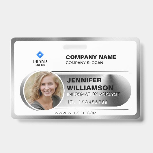 シルバーミニマリストビジネスQR社員写真ID Ba バッジ (Front)