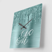 シルバーミントブラシ付きフォイルファンシーモノグラム スクエア壁時計 (傾斜)