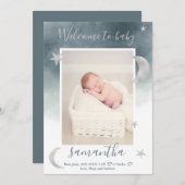 シルバームーンスターズ青い水の色の写真ベビー誕生 案内状 (正面/裏面)