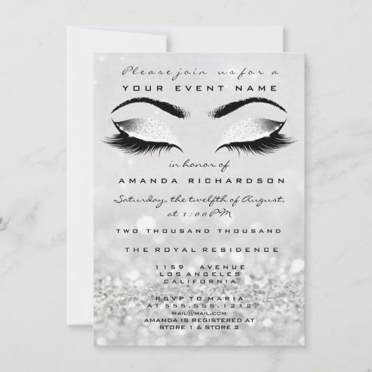 シルバーメイクアップホワイトグリッター16ブライダルシャワー 招待状 (正面)