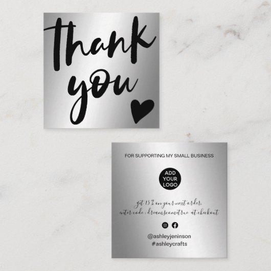 シルバーメタリックのシックなオーダーを感謝していスクリプト スクエア名刺 (正面/裏面)